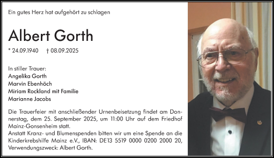 Traueranzeige von Albert Gorth von Allgemeine Zeitung Mainz