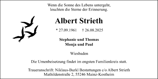 Traueranzeige von Albert Strieth von Wiesbadener Kurier