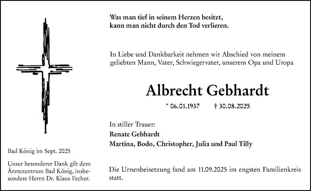  Traueranzeige für Albrecht Gebhardt vom 13.09.2025 aus Odenwälder Echo