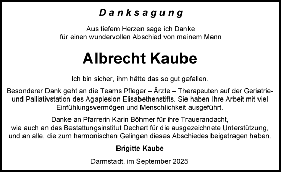 Traueranzeige von Albrecht Kaube von Darmstädter Echo