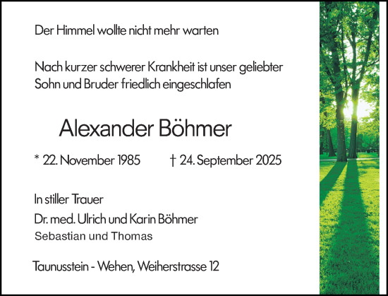 Traueranzeige von Alexander Böhmer von Wiesbadener Kurier