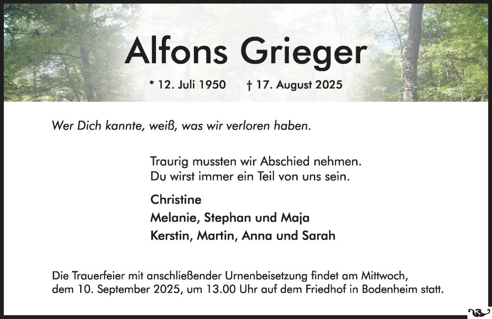  Traueranzeige für Alfons Grieger vom 30.08.2025 aus Allgemeine Zeitung Mainz