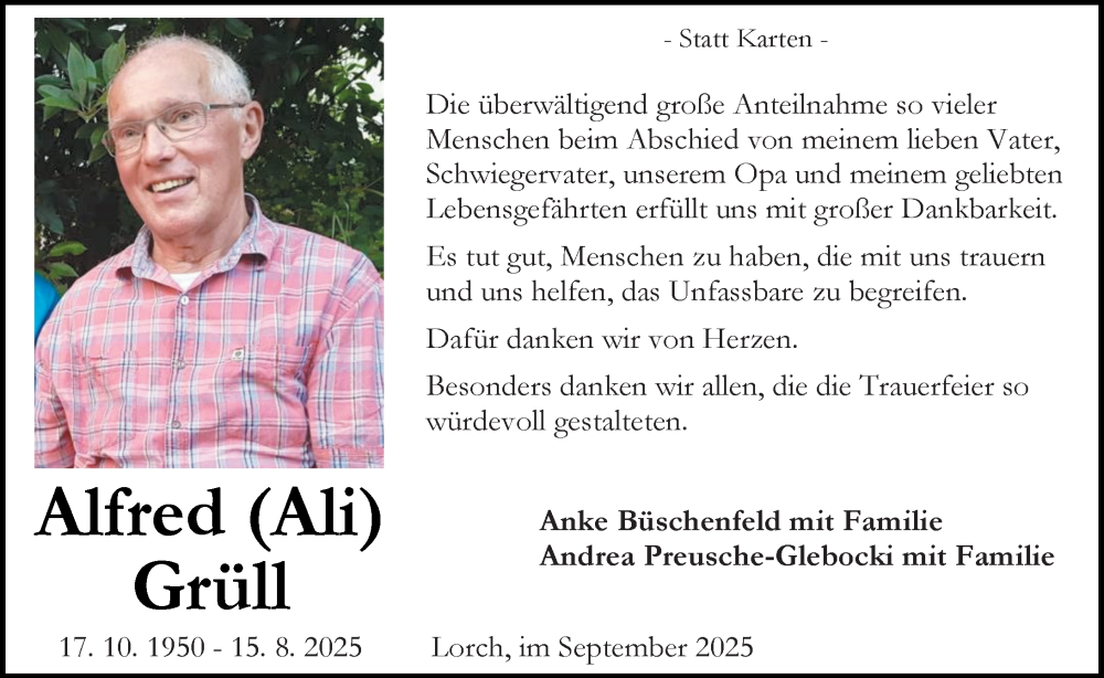  Traueranzeige für Alfred Grüll vom 06.09.2025 aus Wiesbadener Kurier