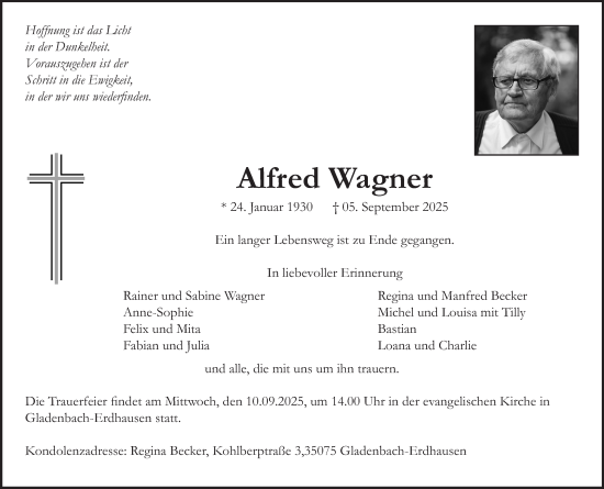 Traueranzeige von Alfred Wagner von Hinterländer Anzeiger