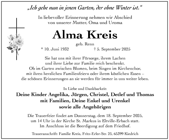 Traueranzeige von Alma Kreis von Wiesbadener Kurier
