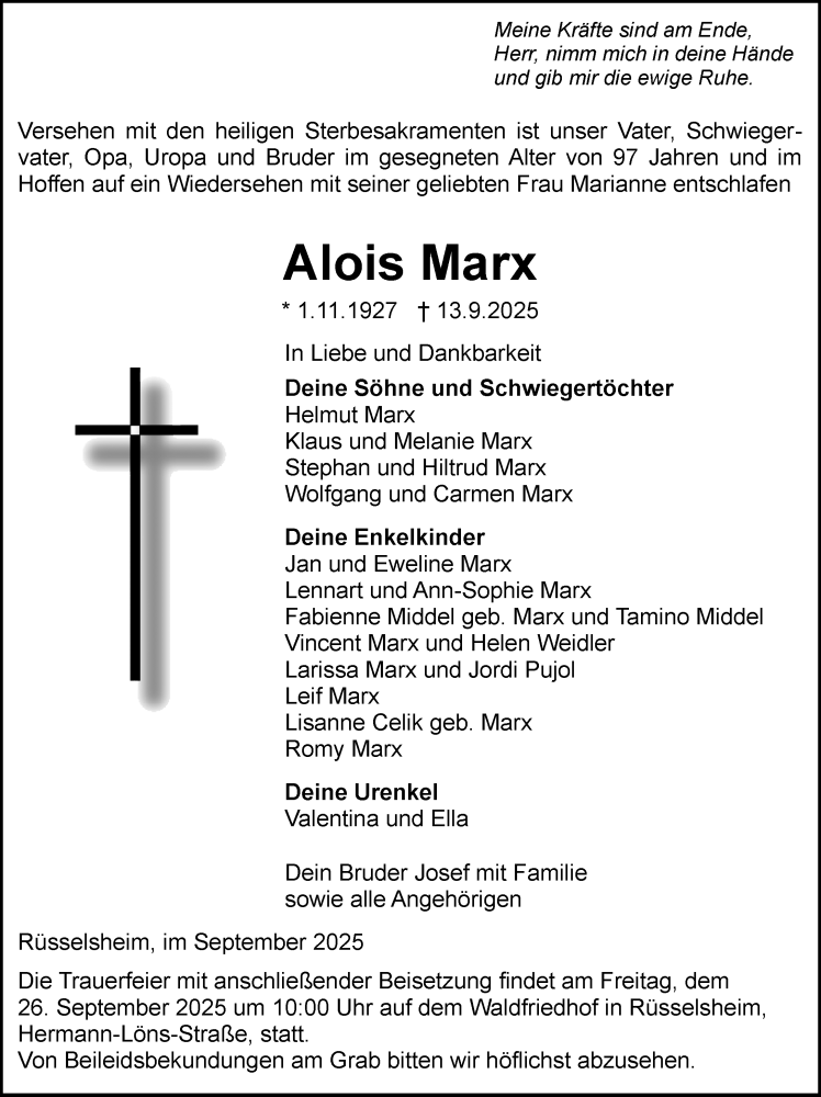  Traueranzeige für Alois Marx vom 20.09.2025 aus Rüsselsheimer Echo