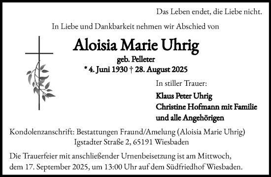 Traueranzeige von Aloisia Marie Uhrig von Wiesbadener Kurier
