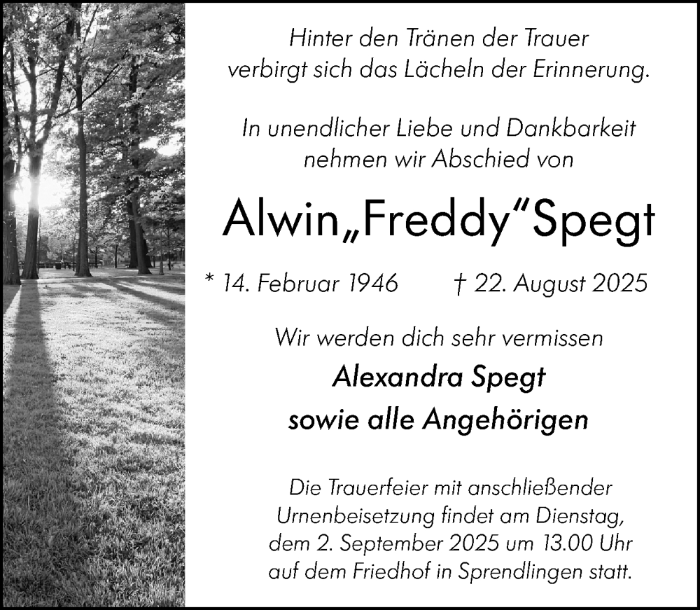  Traueranzeige für Alwin Spegt vom 30.08.2025 aus Binger-/Ingelheimer Wochenblatt