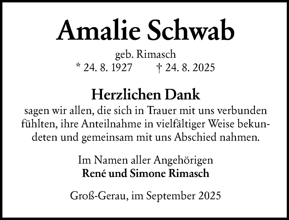  Traueranzeige für Amalie Schwab vom 13.09.2025 aus Groß-Gerauer Echo