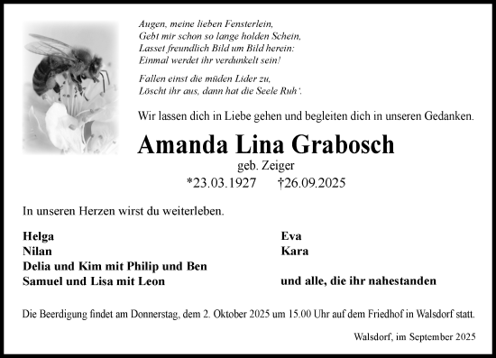 Traueranzeige von Amanda Lina Grabosch von Idsteiner Land/Untertaunus