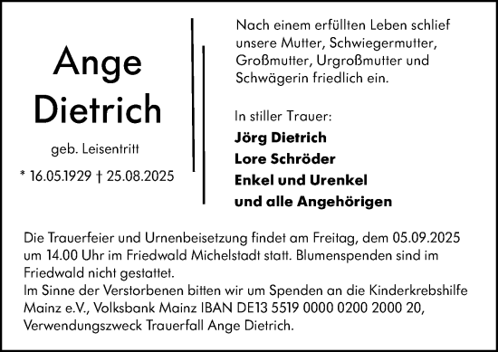 Traueranzeige von Ange Dietrich von Darmstädter Echo