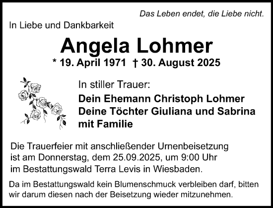 Traueranzeige von Angela Lohmer von Wiesbadener Kurier