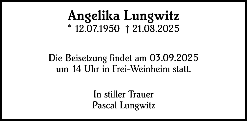  Traueranzeige für Angelika Lungwitz vom 30.08.2025 aus Allgemeine Zeitung Rheinhessen-Nahe