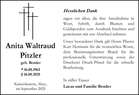 Traueranzeige von Anita Waltraud Pitzler von Allgemeine Zeitung Alzey