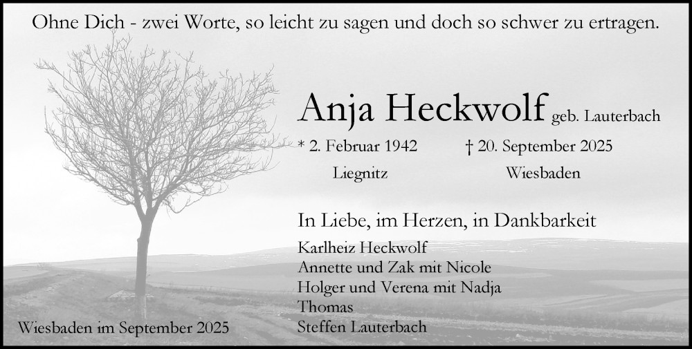 Traueranzeige für Anja Heckwolf vom 27.09.2025 aus Wiesbadener Kurier