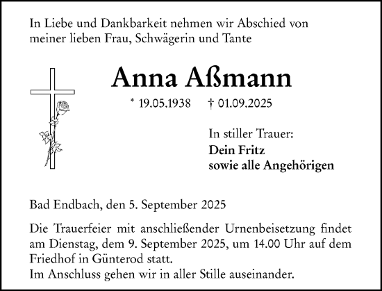 Traueranzeige von Anna Aßmann von Hinterländer Anzeiger