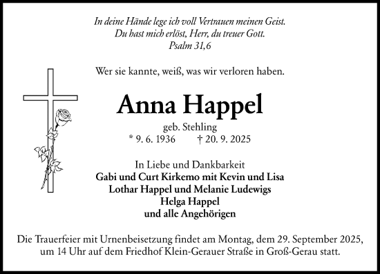 Traueranzeige von Anna Happel von Groß-Gerauer Echo