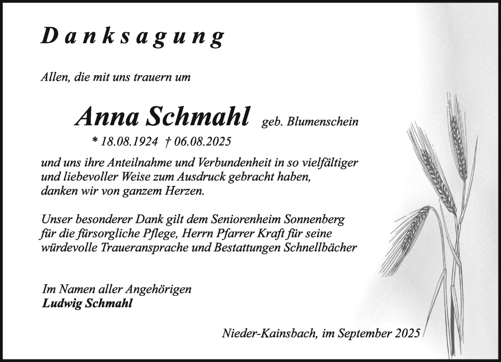  Traueranzeige für Anna Schmahl vom 13.09.2025 aus Odenwälder Echo