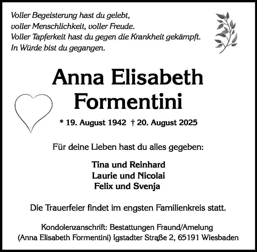  Traueranzeige für Anna Elisabeth Formentini vom 30.08.2025 aus Wiesbadener Kurier