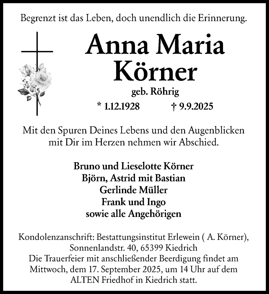  Traueranzeige für Anna Maria Körner vom 13.09.2025 aus Rheingau Kurier