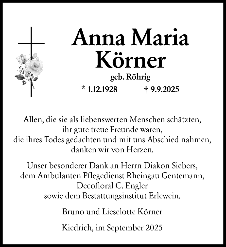  Traueranzeige für Anna Maria Körner vom 27.09.2025 aus Rheingau Kurier