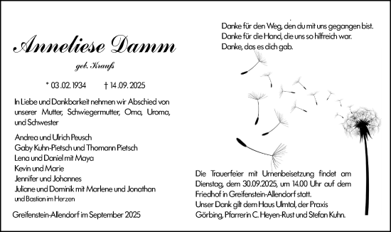 Traueranzeige von Anneliese Damm von Wetzlarer Neue Zeitung