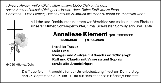 Traueranzeige von Anneliese Klement von Odenwälder Echo