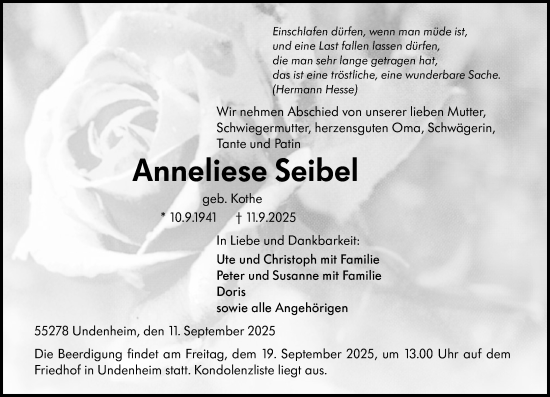Traueranzeige von Anneliese Seibel von Allgemeine Zeitung Mainz