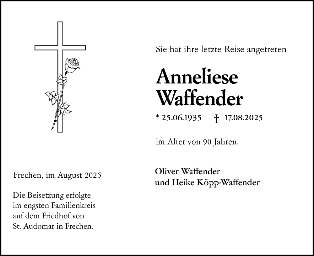  Traueranzeige für Anneliese Waffender vom 05.09.2025 aus Hochheimer Zeitung