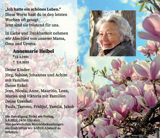 Traueranzeige von Annemarie Heibel von Nassauische Neue Presse