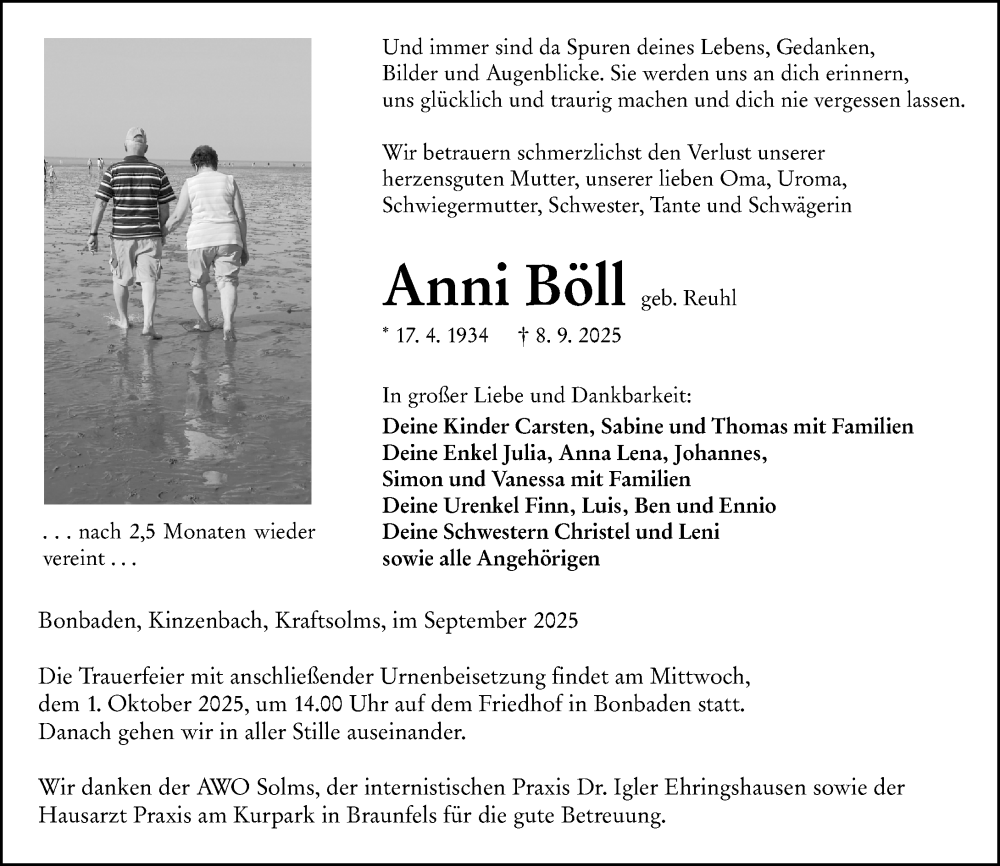  Traueranzeige für Anni Böll vom 27.09.2025 aus Wetzlarer Neue Zeitung