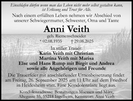 Traueranzeige von Anni Veith von Allgemeine Zeitung Rheinhessen-Nahe
