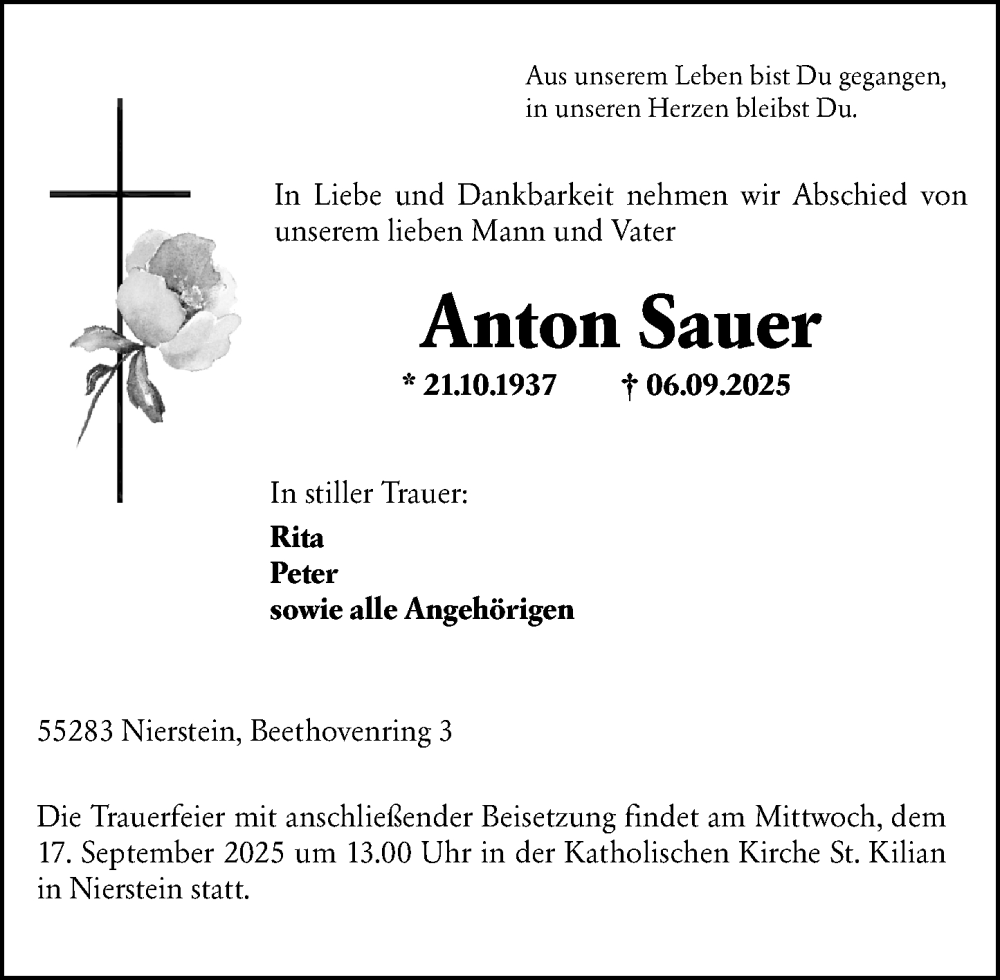  Traueranzeige für Anton Sauer vom 13.09.2025 aus Allgemeine Zeitung Mainz