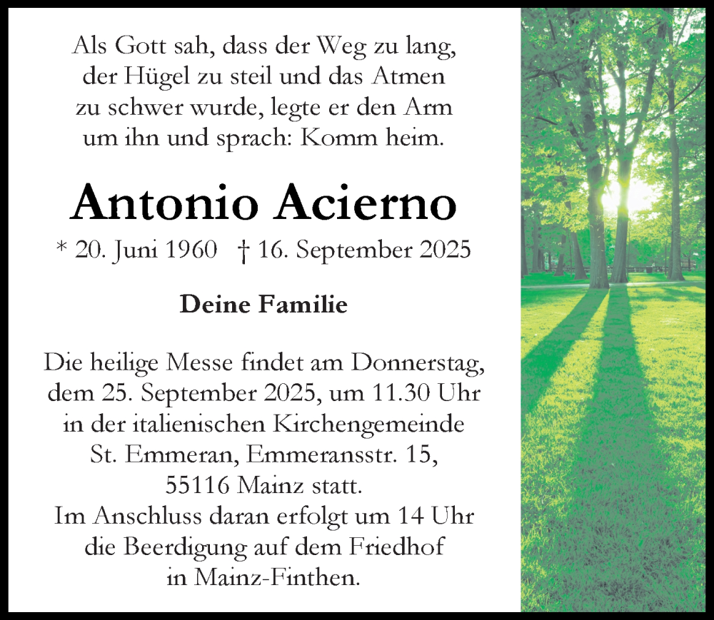  Traueranzeige für Antonio Acierno vom 20.09.2025 aus Allgemeine Zeitung Mainz