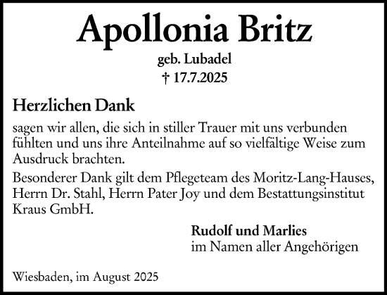 Traueranzeige von Apollonia Britz von Wiesbadener Kurier