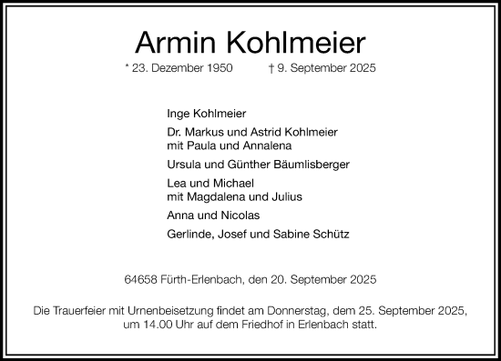 Traueranzeige von Armin Kohlmeier von Starkenburger Echo