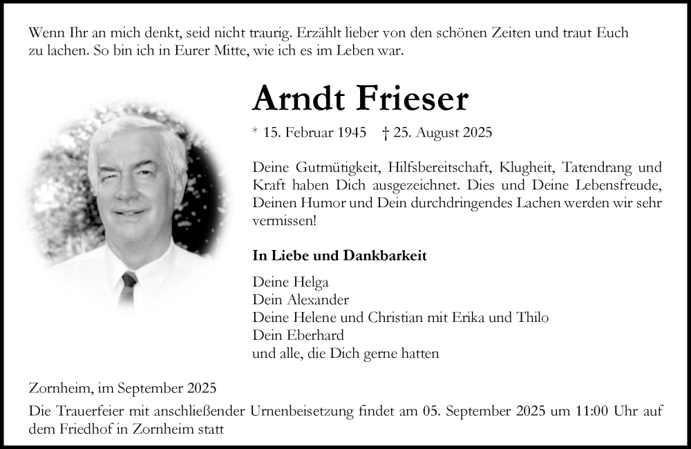  Traueranzeige für Arndt Frieser vom 30.08.2025 aus Allgemeine Zeitung Mainz