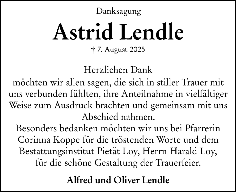  Traueranzeige für Astrid Lendle vom 20.09.2025 aus Wiesbadener Kurier
