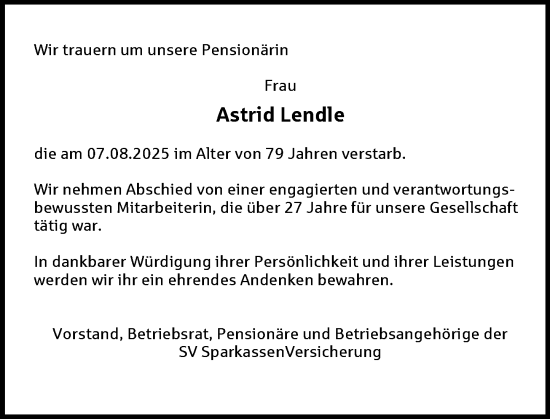 Traueranzeige von Astrid Lendle von Wiesbadener Kurier