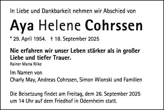 Traueranzeige von Aya Helene Cohrssen von Allgemeine Zeitung Mainz