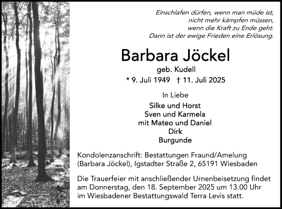 Traueranzeige von Barbara Jöckel von Wiesbadener Kurier