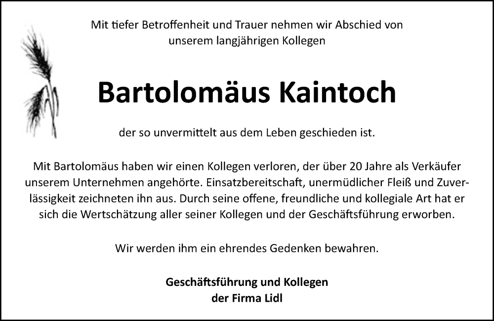  Traueranzeige für Bartolomäus Kaintoch vom 30.09.2025 aus Allgemeine Zeitung Mainz