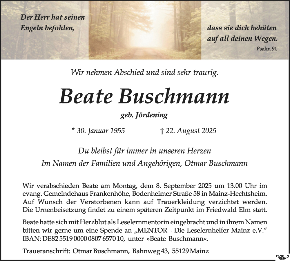  Traueranzeige für Beate Buschmann vom 06.09.2025 aus Allgemeine Zeitung Mainz