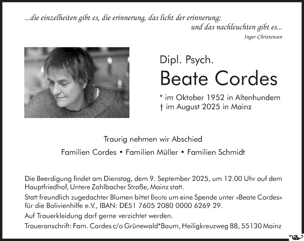  Traueranzeige für Beate Cordes vom 06.09.2025 aus Allgemeine Zeitung Mainz