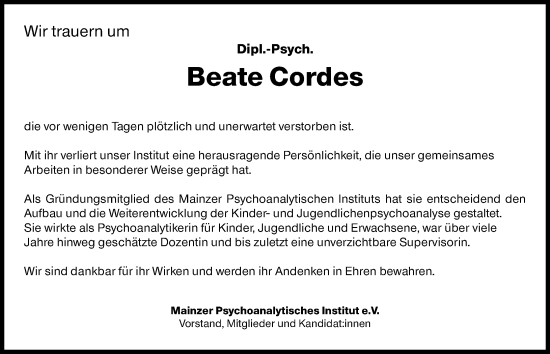 Traueranzeige von Beate Cordes von Wiesbadener Kurier
