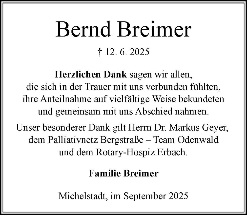  Traueranzeige für Bernd Breimer vom 06.09.2025 aus Odenwälder Echo