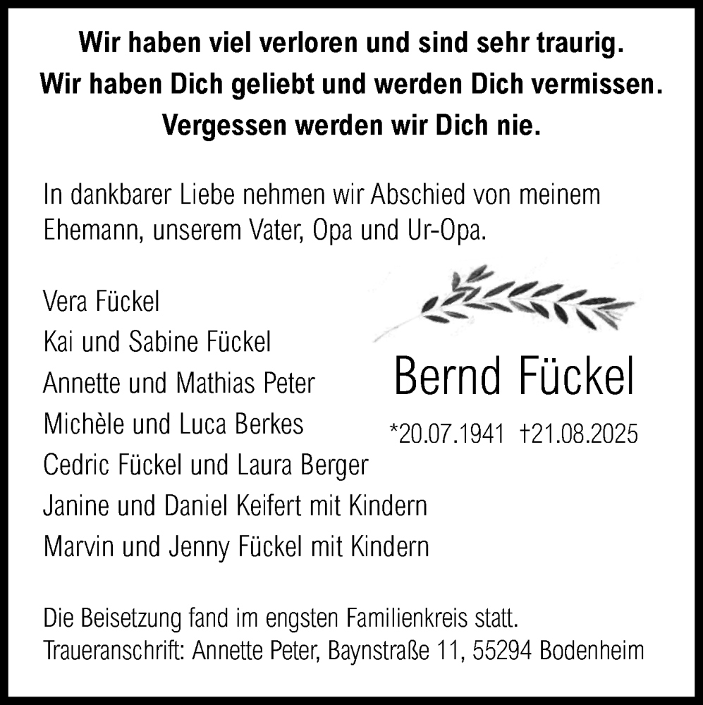  Traueranzeige für Bernd Fückel vom 06.09.2025 aus Allgemeine Zeitung Mainz