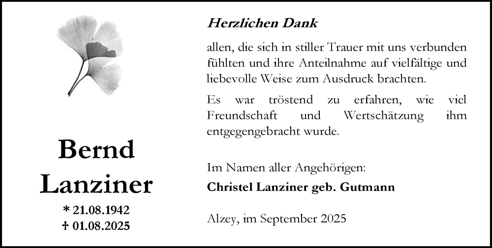  Traueranzeige für Bernd Lanziner vom 20.09.2025 aus Allgemeine Zeitung Alzey