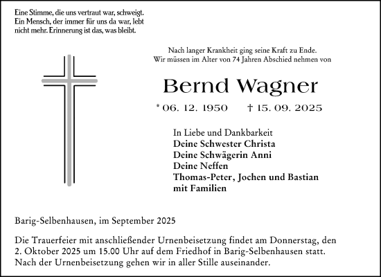 Traueranzeige von Bernd Wagner von Weilburger Tageblatt