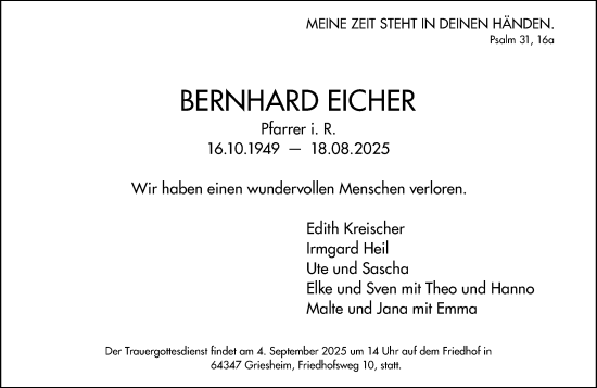 Traueranzeige von BERNHARD EICHER von Darmstädter Echo